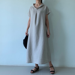 美しく体型カバー。上品さが漂う大人の日常着。半袖へちま襟リネンワンピース　生成り色 7枚目の画像
