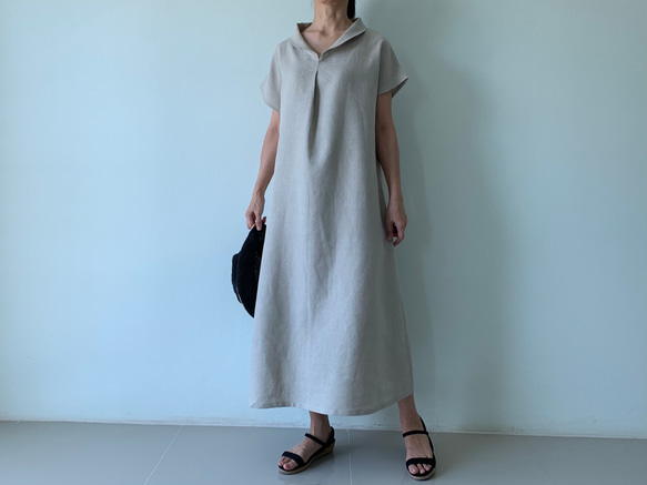 美しく体型カバー。上品さが漂う大人の日常着。半袖へちま襟リネンワンピース　生成り色 7枚目の画像