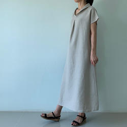美しく体型カバー。上品さが漂う大人の日常着。半袖へちま襟リネンワンピース　生成り色 8枚目の画像
