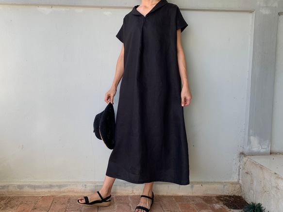 美しく体型カバー。上品さが漂う大人の日常着。半袖へちま襟リネンワンピース　生成り色 9枚目の画像