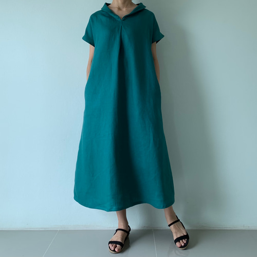 美しく体型カバー。上品さが漂う大人の日常着。半袖へちま襟のリネン