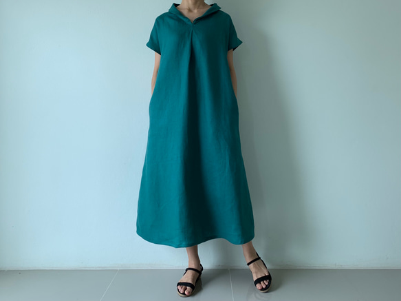 ふりふりサマーワンピ/ブルーグリーン 美しく体型カバー。上品さが漂う大人の日常着。半袖へちま襟のリネン
