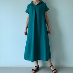 美しく体型カバー。上品さが漂う大人の日常着。半袖へちま襟のリネンワンピース　ピーコックグリーン色 4枚目の画像