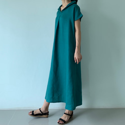 美しく体型カバー。上品さが漂う大人の日常着。半袖へちま襟のリネンワンピース　ピーコックグリーン色 7枚目の画像