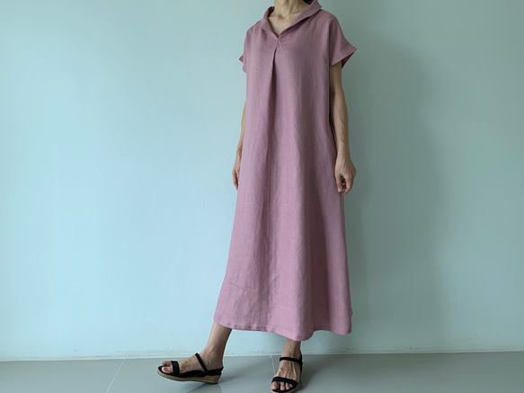 美しく体型カバー。上品さが漂う大人の日常着。半袖へちま襟リネンワンピース　アースカラースモーキーパープル色 6枚目の画像
