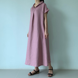 美しく体型カバー。上品さが漂う大人の日常着。半袖へちま襟リネンワンピース　アースカラースモーキーパープル色 7枚目の画像