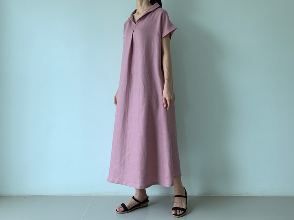 美しく体型カバー。上品さが漂う大人の日常着。半袖へちま襟リネンワンピース　アースカラースモーキーパープル色 7枚目の画像