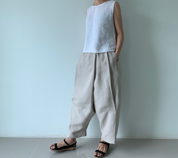 ゆったりサイドタックリネンワイドパンツ 生成り 麻 リネン ロング