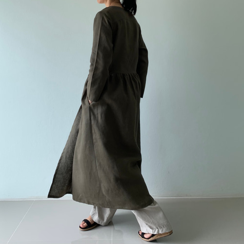 2021AWカシュクールワンピース ＆コート /カーキ 秋冬色 オールリネン