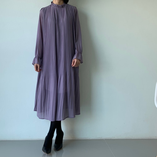 ラベンダーパープルプリーツシフォンワンピース 長袖 ワンピース