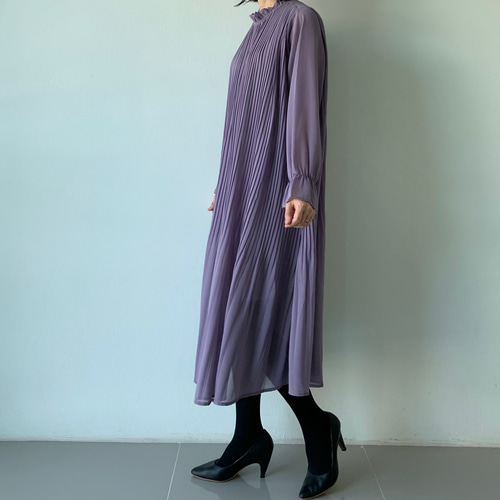 ラベンダーパープルプリーツシフォンワンピース 長袖 ワンピース