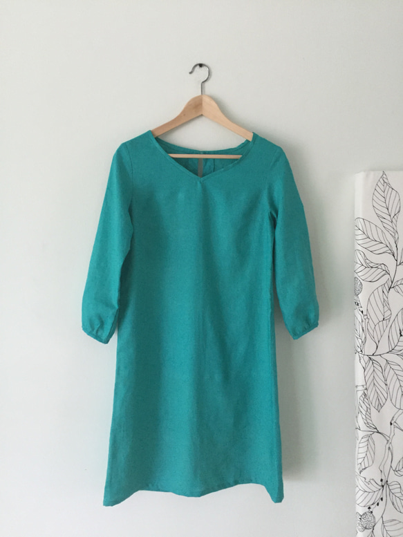 はまち♪綿麻VネックワンピL/生成り handmade 綿麻VネックワンピースLサイズ/生成り handmade