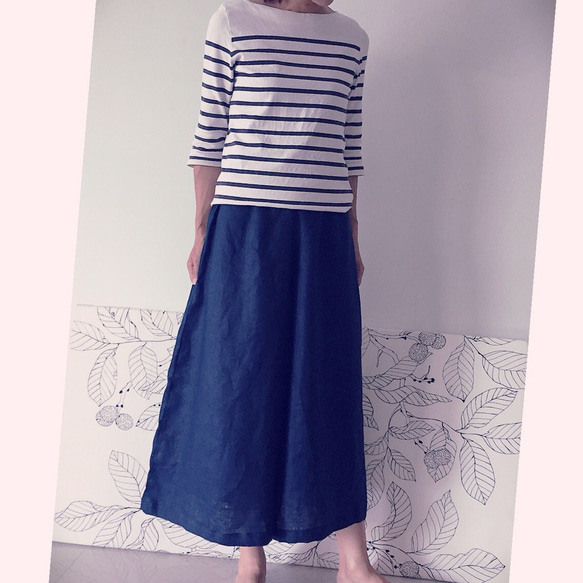 オーダーガウチョパンツ  スカーチョ  紺色 リネン  麻 ハンドメイド ワイドパンツ 3枚目の画像