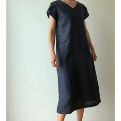 麻　ワンピース  花びら  濃紺 リネン 麻 ドレス Aラインワンピース 3枚目の画像