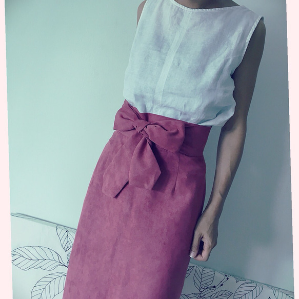 タイトスウェード リボン  スカート  ピンク 秋色 受注製作 ハイウエスト 5枚目の画像