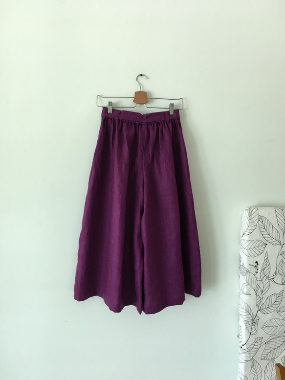 オーダーガウチョパンツ  スカーチョ 紫 リネン  麻 ハンドメイド ワイドパンツ 4枚目の画像