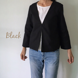 普段の日も。特別な日も。いろんなオケージョンで使えるリネン100の七分袖ジャケット。ボレロ・カーディガン　黒と濃紺 2枚目の画像