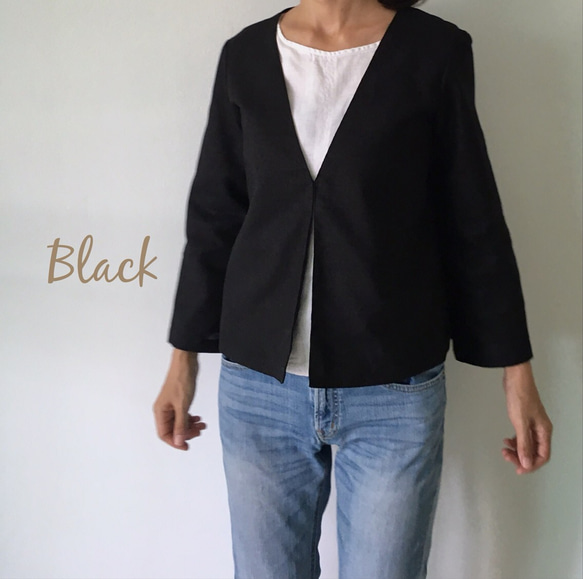 普段の日も。特別な日も。いろんなオケージョンで使えるリネン100の七分袖ジャケット。ボレロ・カーディガン　黒と濃紺 2枚目の画像