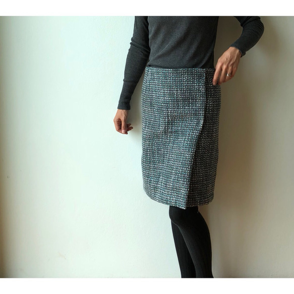 SALE ツイードスカート 秋冬  チェック 巻きスカート タイトミニスカート スナップボタン 3枚目の画像