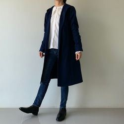 大人顔の″上品″ロングパーカー。縦長効果も期待。万能ポンチ素材パーカーロングコート。紺色。PPLC/01 NV F 4枚目の画像