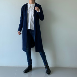 大人顔の″上品″ロングパーカー。縦長効果も期待。万能ポンチ素材パーカーロングコート。紺色。PPLC/01 NV F 7枚目の画像
