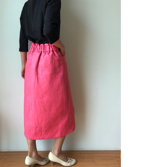 リネン厚地 ピンク  ロングスカート ゴムギャザー ハイウエスト 4枚目の画像