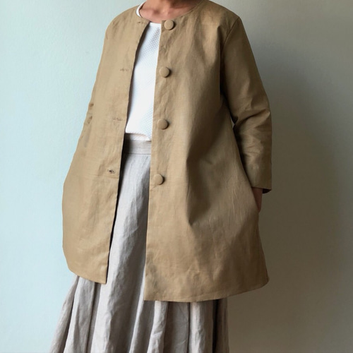 リネンショートコート アースカラー くるみボタン ベージュ Aライン