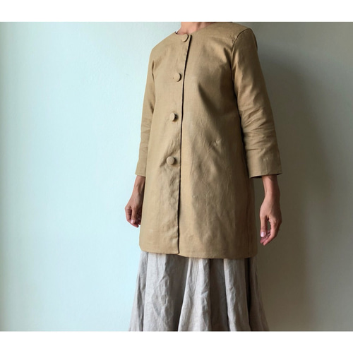 リネンショートコート アースカラー くるみボタン ベージュ Aライン