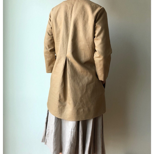 リネンショートコート アースカラー くるみボタン ベージュ Aライン