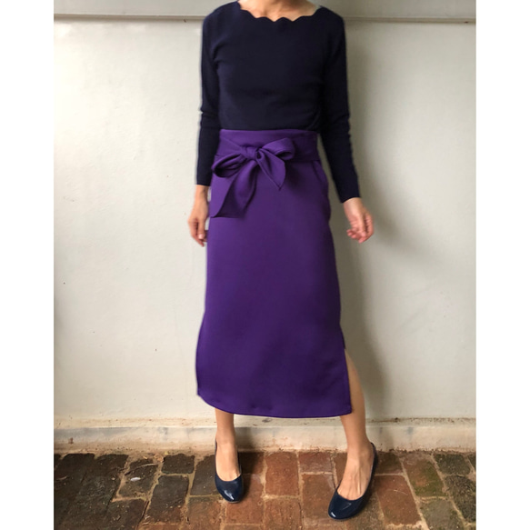 残り1点  SALE タイトリボンスカート  紫 秋色  スリット ロングスカート 2枚目の画像