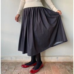 布入荷  デニムスカート ミモレ丈 フレアギャザースカート  シンプル  コットン 5枚目の画像
