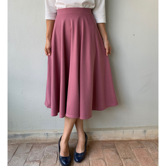 ミモレ丈 フレアサーキュラースカート  シンプル  ピンク 1枚目の画像