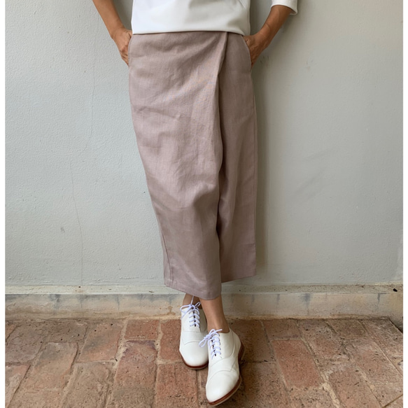 残り2着限定色を変更して再発売 巻きスカート風なペグトップパンツ リネン  麻  アンクル丈 3枚目の画像