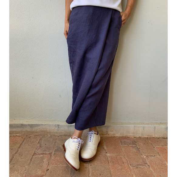 布追加新紺色で再販売 人気の為追加予約販売巻きスカート風なペグトップパンツ リネン  麻  アンクル丈 9枚目の画像