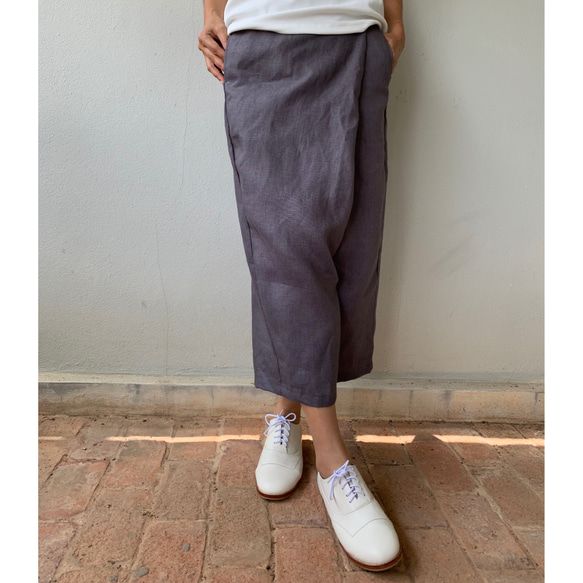 新色予約販売巻きスカート風なペグトップパンツ リネン  麻  アンクル丈 グレー 2枚目の画像