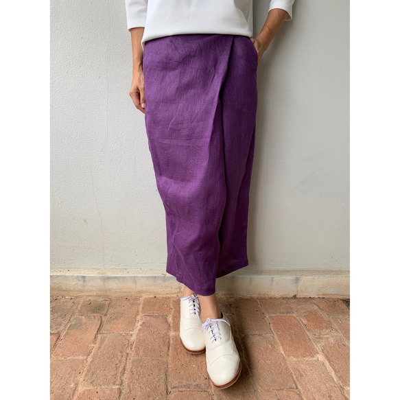 残り4枚紫で販売 人気の為追加予約販売巻きスカート風なペグトップパンツ リネン  麻  アンクル丈 2枚目の画像
