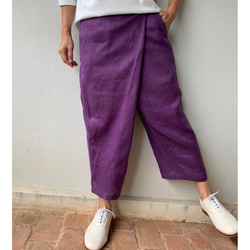 残り4枚紫で販売 人気の為追加予約販売巻きスカート風なペグトップパンツ リネン  麻  アンクル丈 4枚目の画像