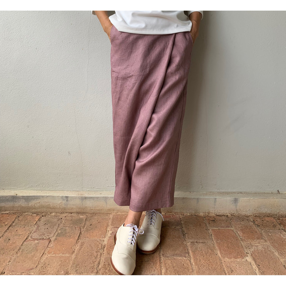 巻きスカート風ペグトップパンツ　スモーキーパープル リネン  麻  アンクル丈 1枚目の画像