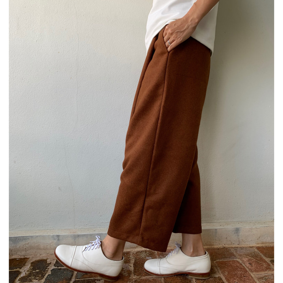 saleダークブラウン残り1人気の為追加予約販売巻きスカート風なペグトップパンツ コットンウール  アンクル丈　キャメル 6枚目の画像