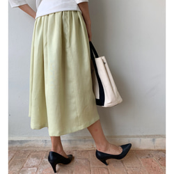 春夏　フレアギャザースカート  シンプル  リネン  麻　ピスタチオ 5枚目の画像