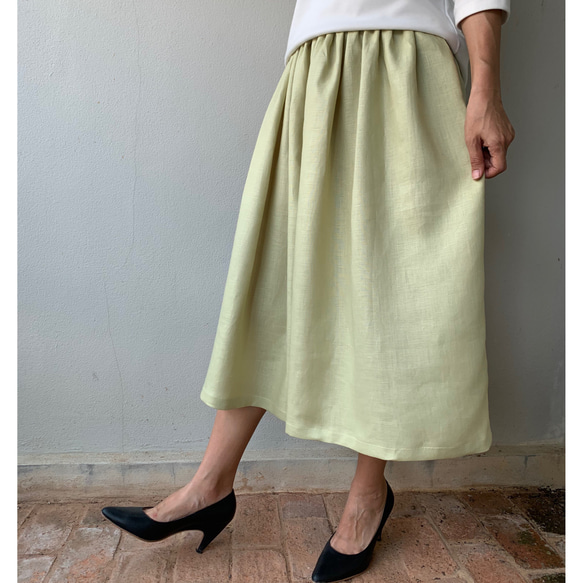 春夏　フレアギャザースカート  シンプル  リネン  麻　ピスタチオ 6枚目の画像