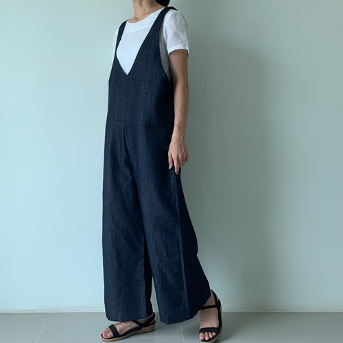 Vネック　デニム　サロペット オールイン　ワイドパンツ　フリーサイズ サロペット コットンデニム オールインワン Vネック ワイド