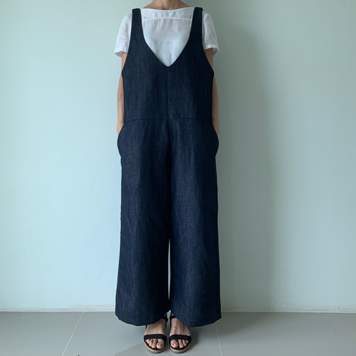 サロペット コットンデニム オールインワン Vネック ワイド