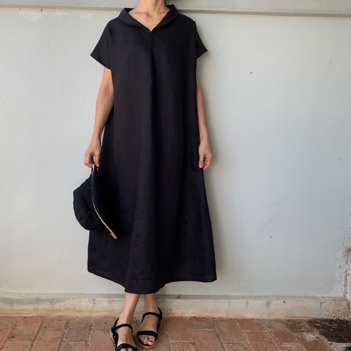 美しく体型カバー。上品さが漂う大人の日常着。半袖へちま襟リネン