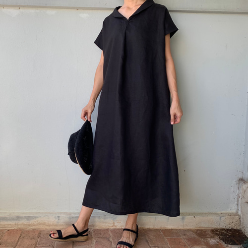 美しく体型カバー。上品さが漂う大人の日常着。半袖へちま襟リネン