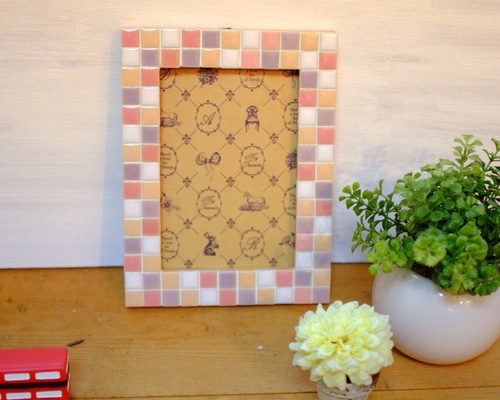 L版または2L版フォトフレーム パープル&ピンク 美濃焼モザイクタイル