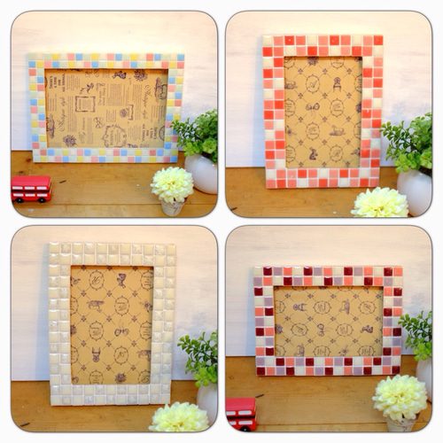 L版または2L版フォトフレーム パープル&ピンク 美濃焼モザイクタイル