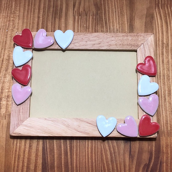 横）ハートのフォトフレーム 木製写真立て 壁掛け対応 美濃焼モザイク