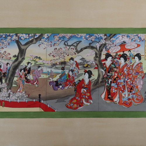 クリスマスツリー特価！ 模写 浮世絵 日本画肉筆模写 楊洲周延「千代田之大奥＿御花見」 絵画