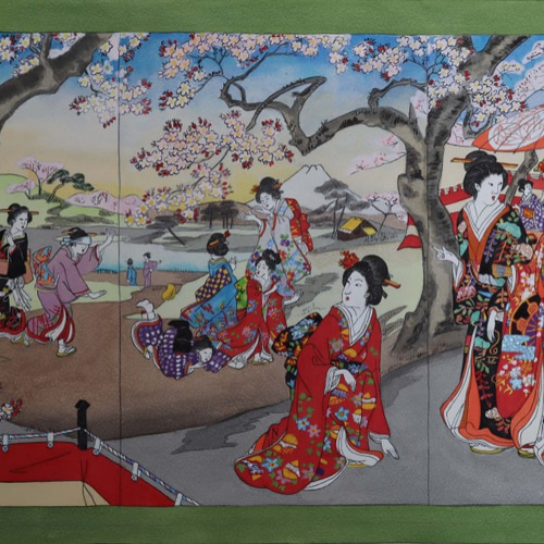 模写 浮世絵 楊洲周延「千代田之大奥＿御花見」 日本画肉筆模写